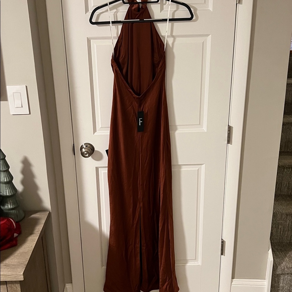 Lulus Love in Your Life Rust Brown Satin Halter Maxi Dress size XS NEW - Picture 8 of 10